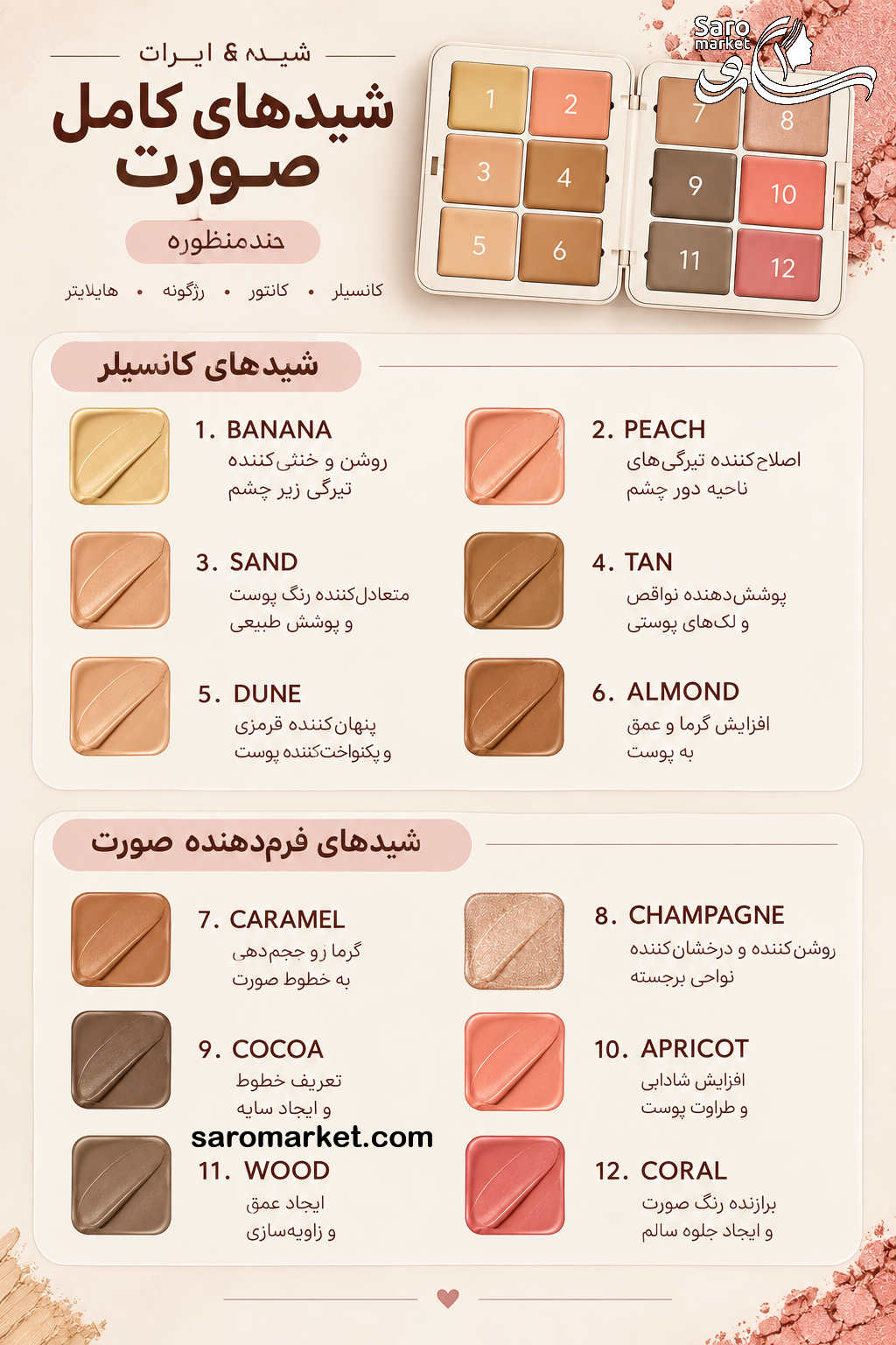 پالت چندکاره صورت 12 رنگ شیگلم (SHEGLAM) رنگ ها